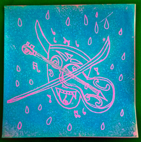 Print of magenta mask and violin on a blue background