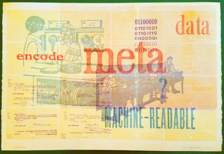 Letterpress print about the evolution of 3 x 5 cards to online databases